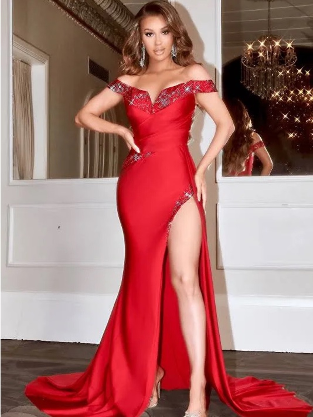 Portia and Scarlett Red Off The Shoulder Evening Gown with High Slit